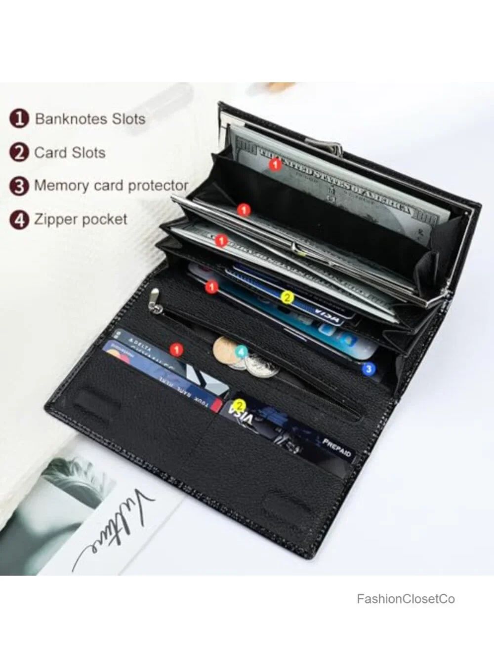 Genuine Leather Tri-Fold Wallet with Magnetic Closure, 19 Card Slots